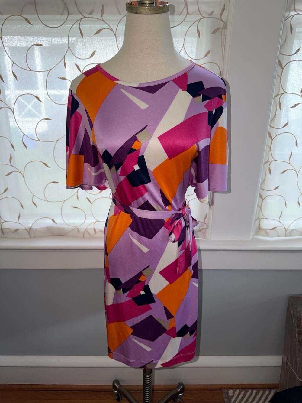 Luise Arias 100% Silk Geometric Print Tie-Waist Flutter Sleeve Dress Size 2
